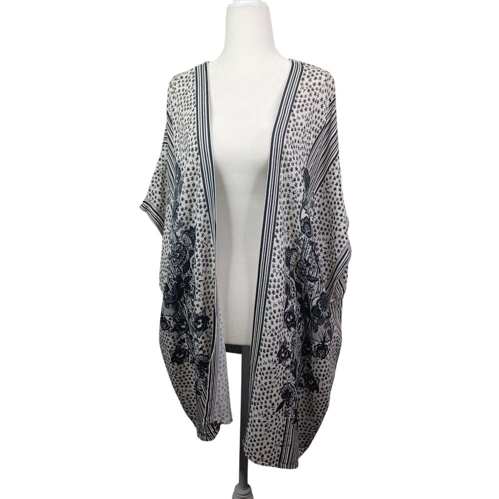 Max Studio Women's Open Front Kimono Size L Black Ivory Boho Cover Up Cardigan